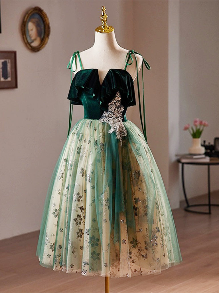 A-Line Velvet Tulle Sequin Lace Short Green Homecoming Dress, Green Pa dresstby A-Line Velvet Tulle Sequin Lace Short Green Homecoming Dress, Green Pa dresstby