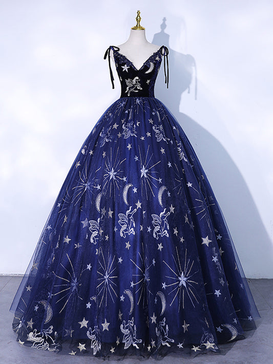Dark Blue A-Line Tulle Lace Long Prom Dress, Blue Lace Formal Dress