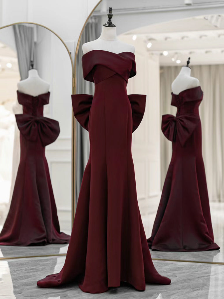 Simple Off Shoulder Satin Burgundy Long Prom Dresses, Mermaid Long Eve dresstby Simple Off Shoulder Satin Burgundy Long Prom Dresses, Mermaid Long Eve dresstby