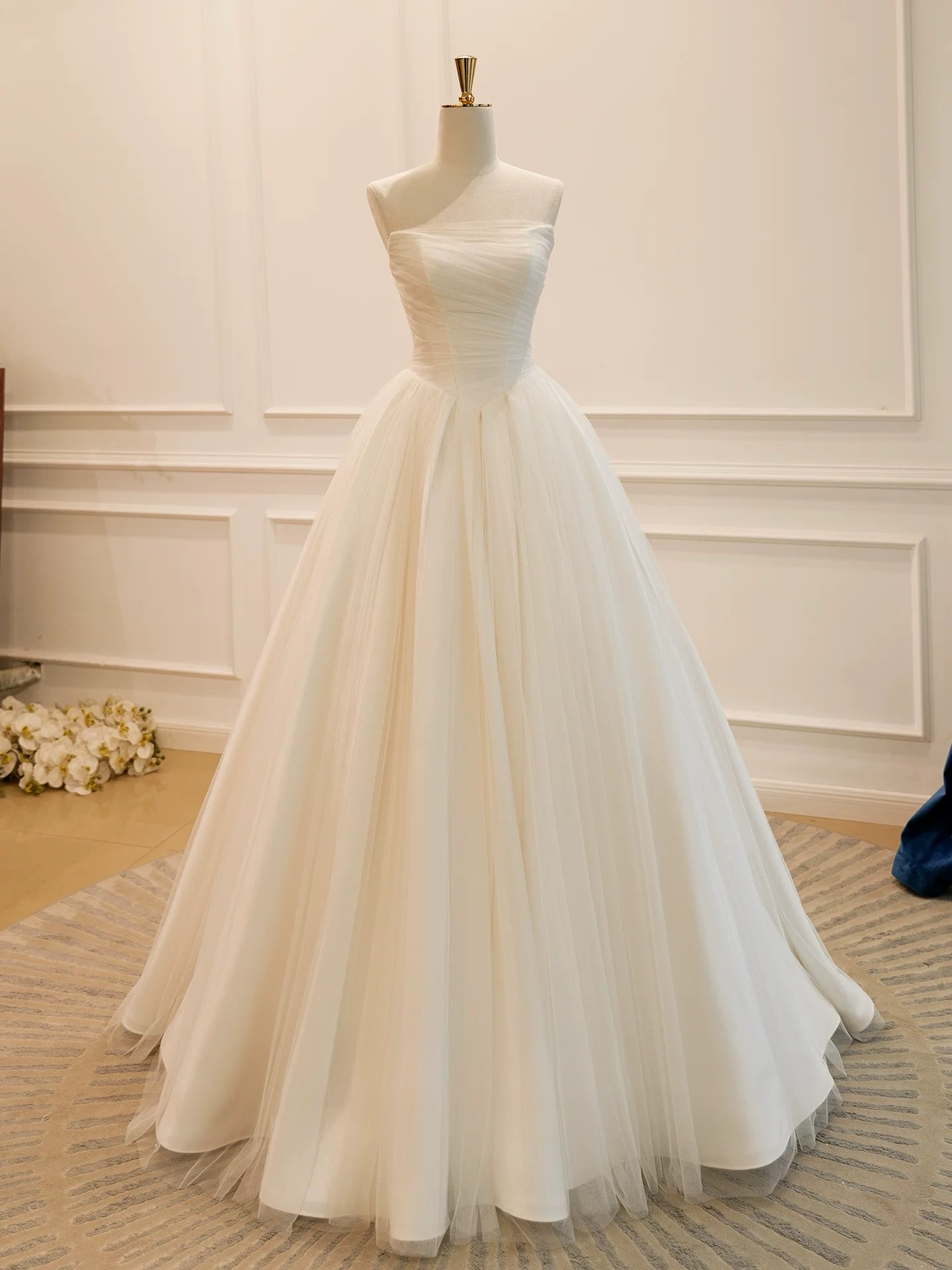 A-Line Off Shoulder Tulle Light Champagne Long Prom Dress, Light Champagne Long Formal Dress