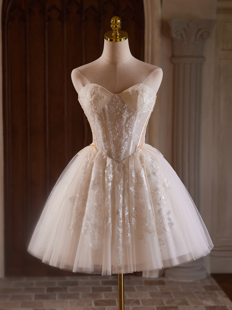 A-Line Sweetheart Neck Tulle Lace Champagne Short Prom Dress dresstby A-Line Sweetheart Neck Tulle Lace Champagne Short Prom Dress dresstby