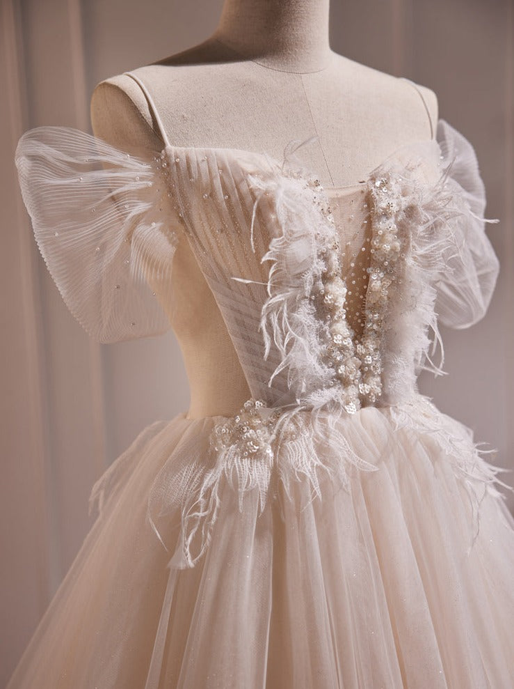 A-Line Champagne Lace Long Prom Dress, Champagne Formal Dress