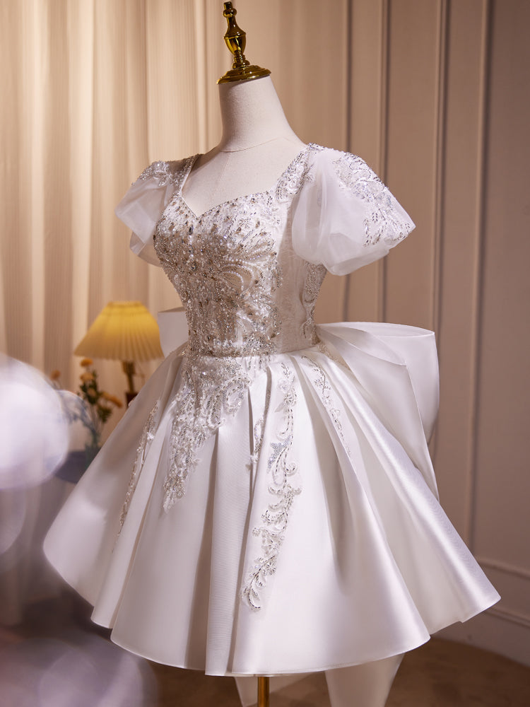 A-Line Puff Sleeves Satin White Short Prom Dress, White Cocktail Dress with Beads