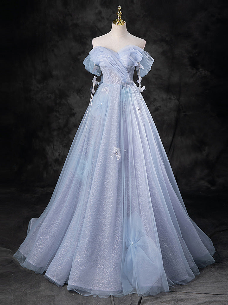 A-Line Sweetheart Neck Off Shoulder Tulle Gray Blue Long Prom Dress, B A-Line Sweetheart Neck Off Shoulder Tulle Gray Blue Long Prom Dress, B
