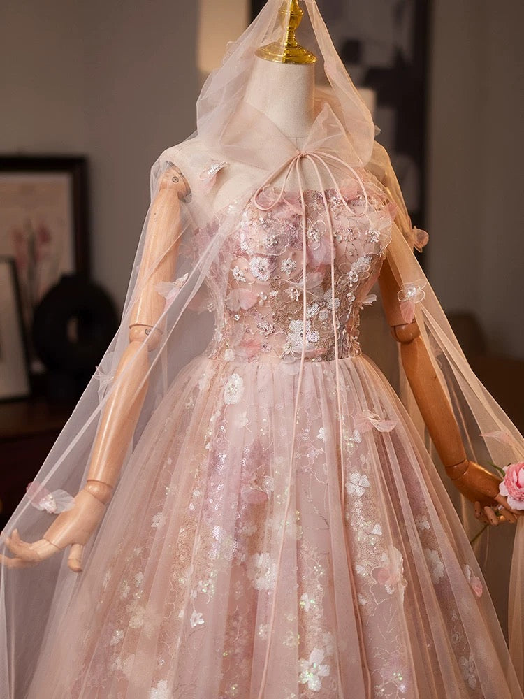 A-Line Tulle Lace Pink Long Prom Dress, Pink Lace Long Formal Dress