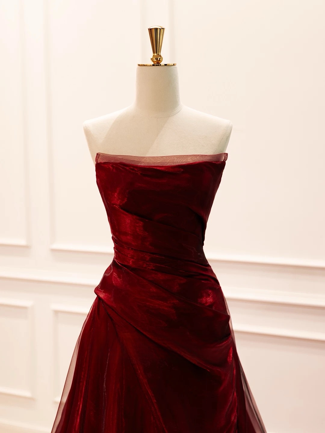 A-Line Organza Satin Sweep Train Burgundy Long Prom Dress