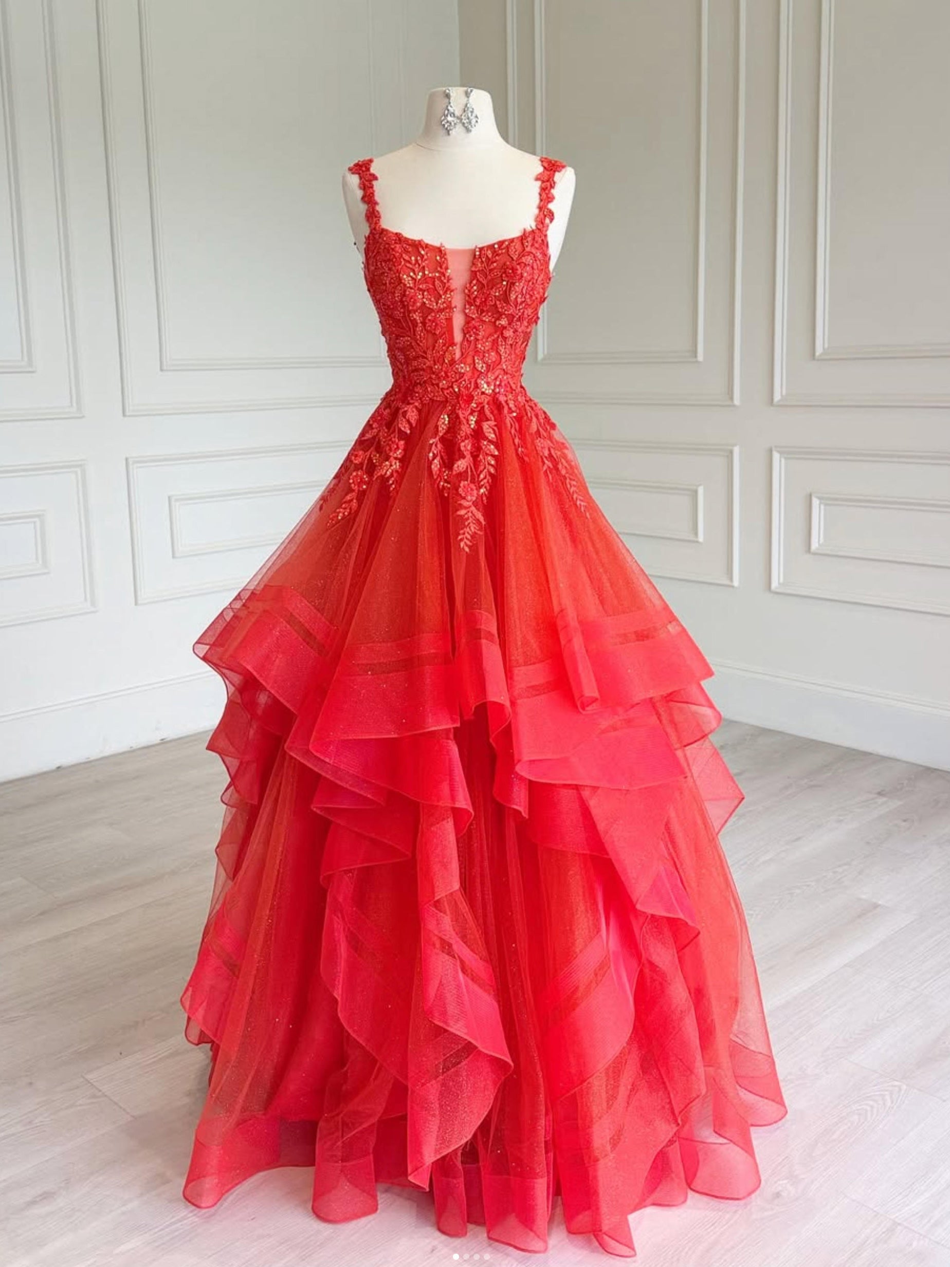 A-line Tulle Floor Length Lace Red Long Prom Dress