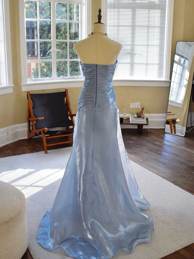 Simple Mermaid Organza Sweep Train Blue Prom Party Dress