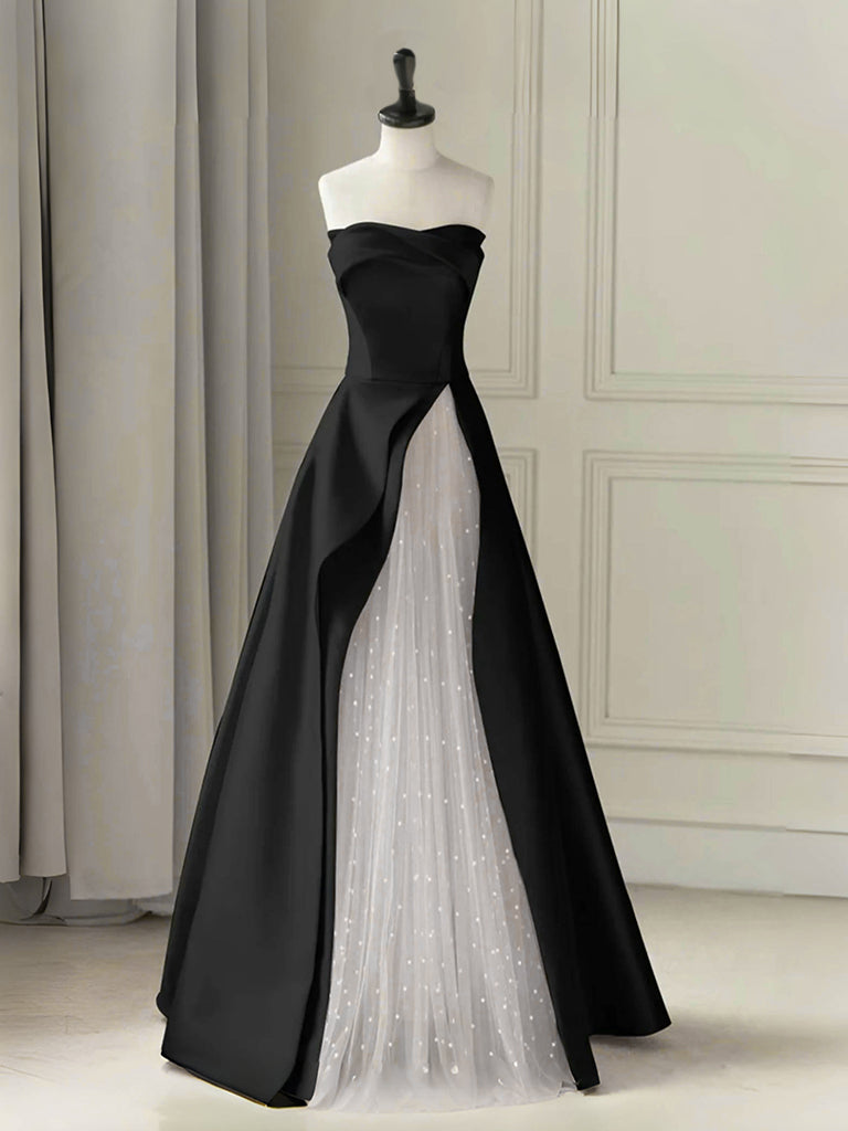 A-Line Tulle Satin Black/White Long Prom Dress. Black Long Formal Dress
