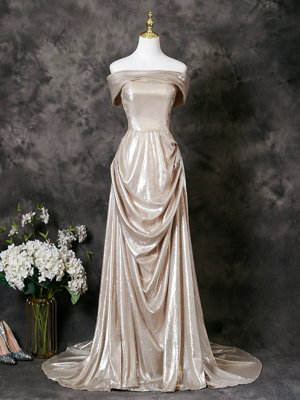 A-Line Off Shoulder Champagne Long Prom Dress, Champagne Long Formal Dress