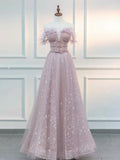 A-Line Off Shoulder Tulle Lace Pink Long Prom Dress, Pink Long Graduation Dress
