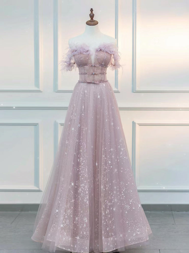 A-Line Off Shoulder Tulle Lace Pink Long Prom Dress, Pink Long Graduation Dress