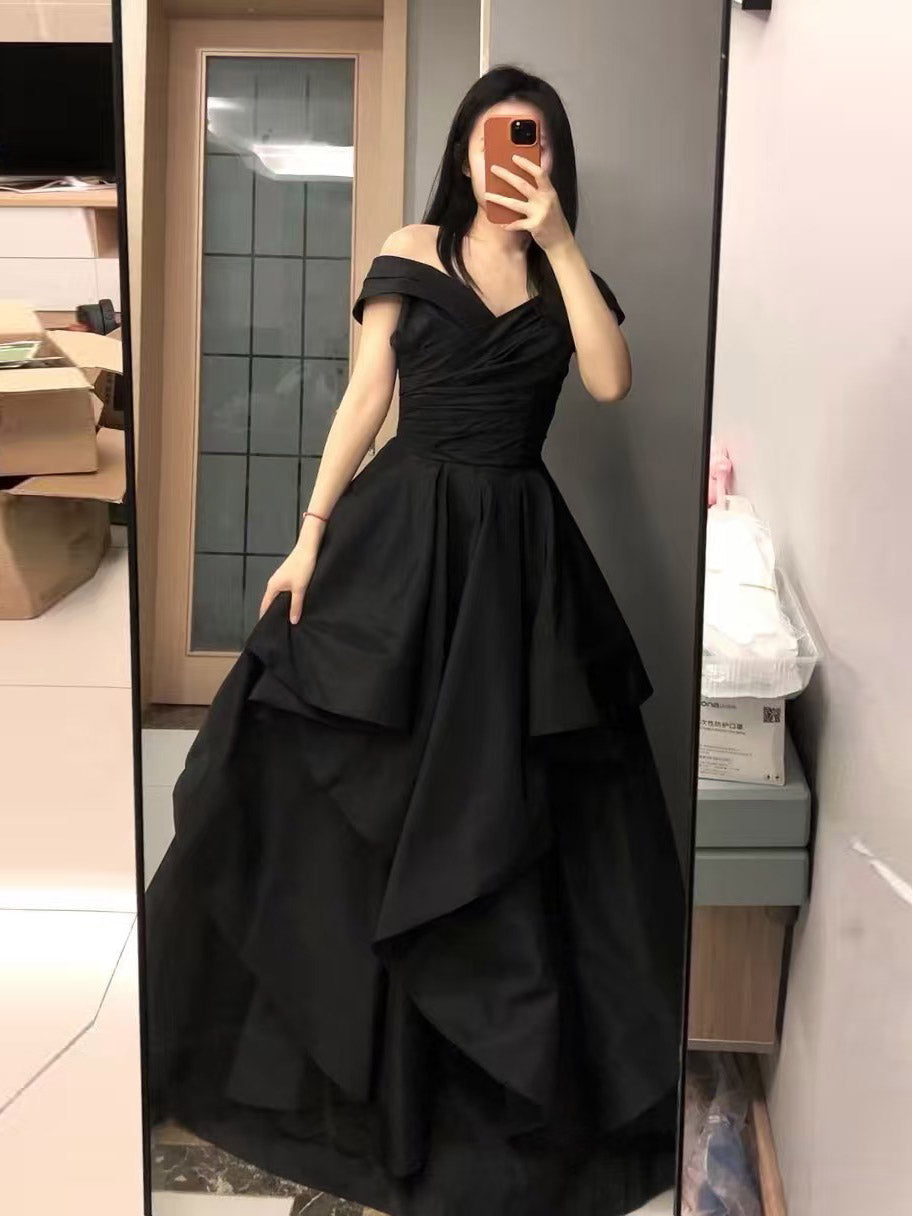 A-line V Neck Satin Floor Length Black Prom Dress