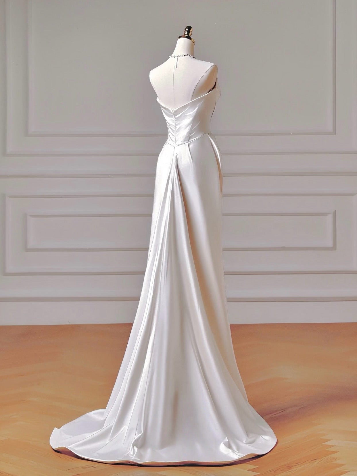 A-Line Satin Chiffon Sweep Train White Long Prom Dress
