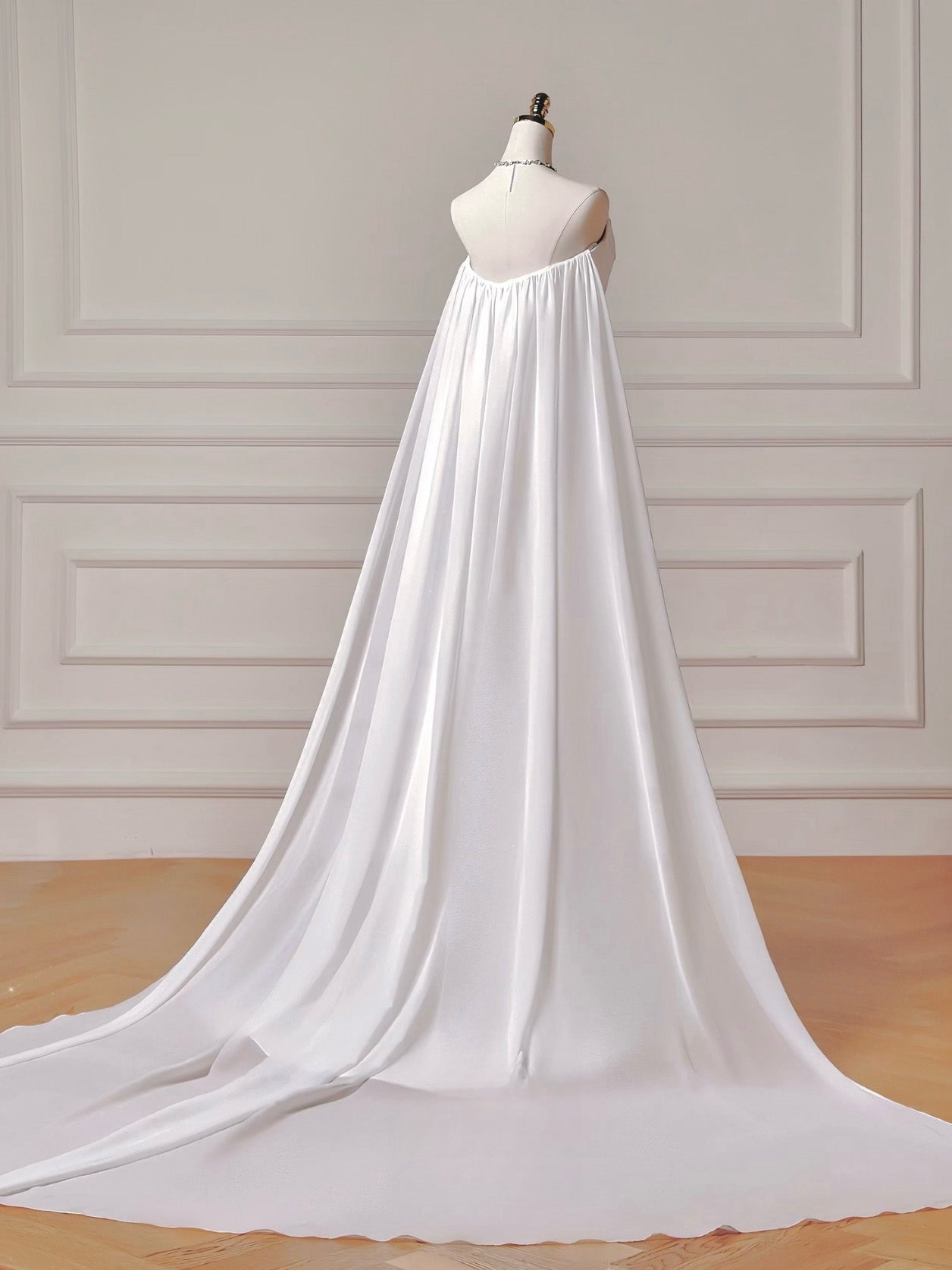 A-Line Satin Chiffon Sweep Train White Long Prom Dress