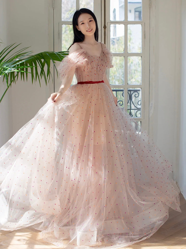 A-Line Off Shoulder Tulle Light Pink Long Prom Dress, Long Formal Dres dresstby A-Line Off Shoulder Tulle Light Pink Long Prom Dress, Long Formal Dres dresstby