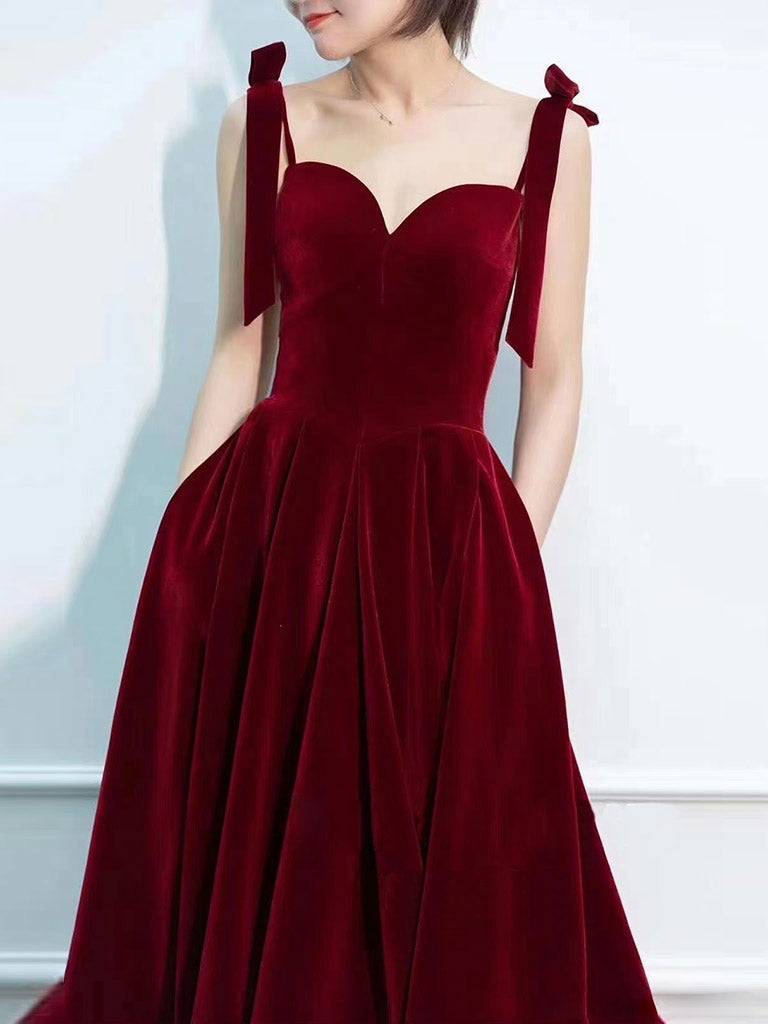 A-Line Sweetheart Neck Velvet Burgundy Long Prom Dress, Burgundy Formal Dress