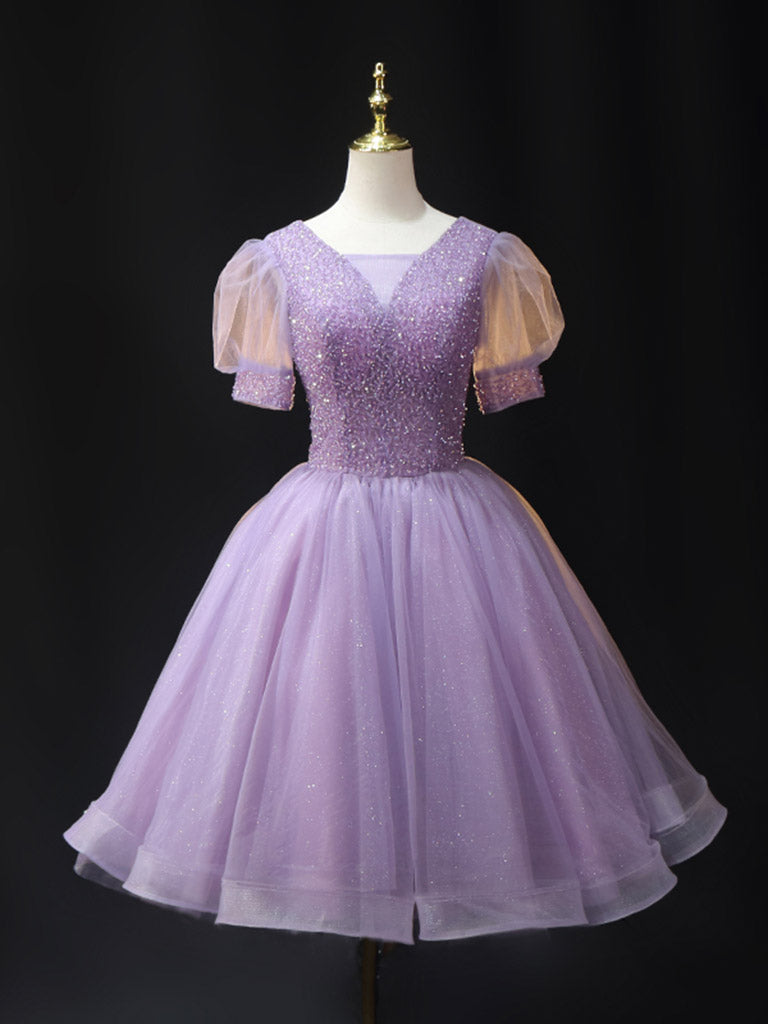 Purple V Neck Tulle Beading Sequin Short Prom Dress, Purple Homecoming dresstby Purple V Neck Tulle Beading Sequin Short Prom Dress, Purple Homecoming dresstby