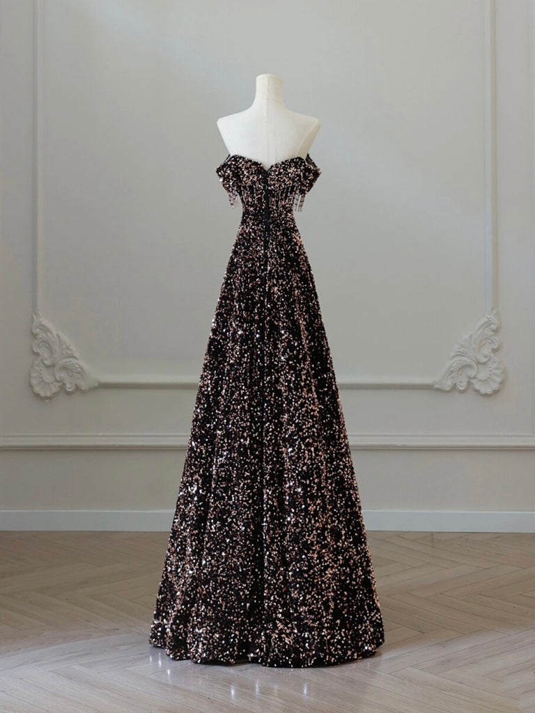 A-Line Off Shoulder Coffee Gold Sequin Long Prom Dress, Coffee Gold Formal Dress