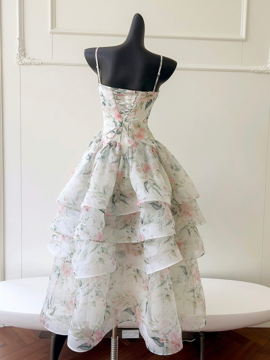 A-line Printed Organza Long Light Champagne Party Prom Dress