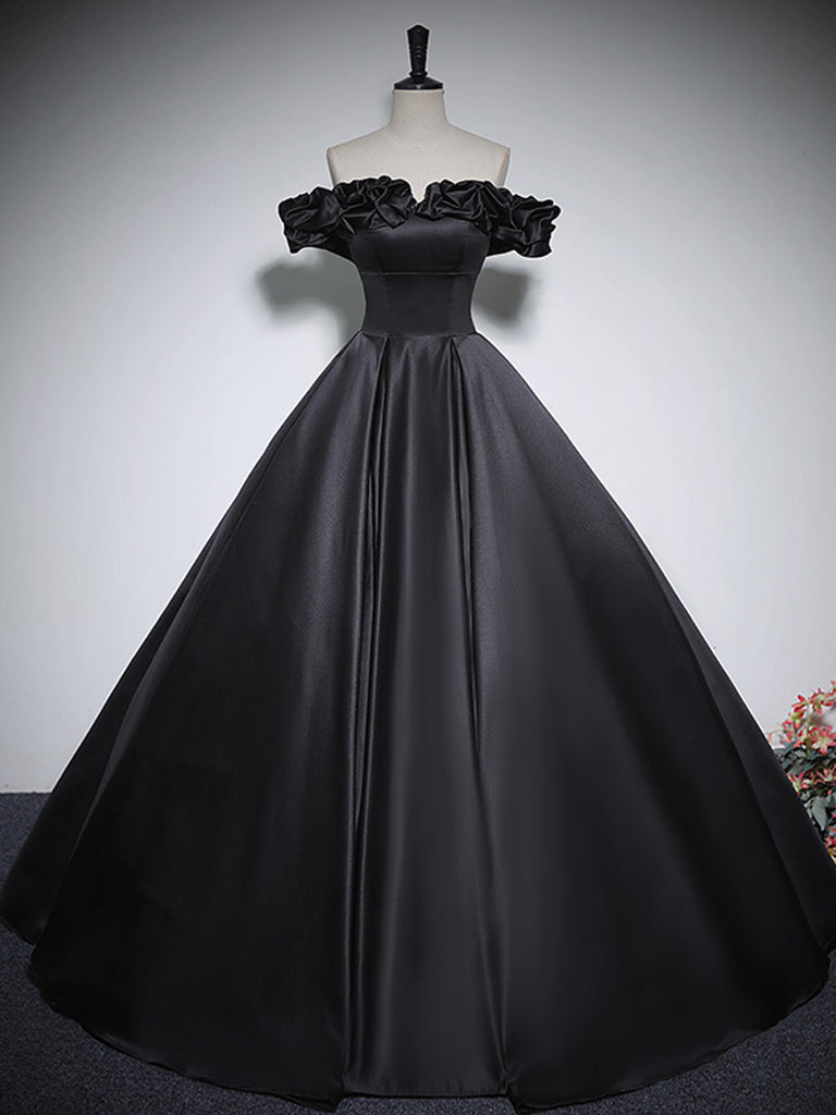 Black A-Line Off Shoulder Satin Long Prom Dress, Black Formal Dress dresstby Black A-Line Off Shoulder Satin Long Prom Dress, Black Formal Dress dresstby