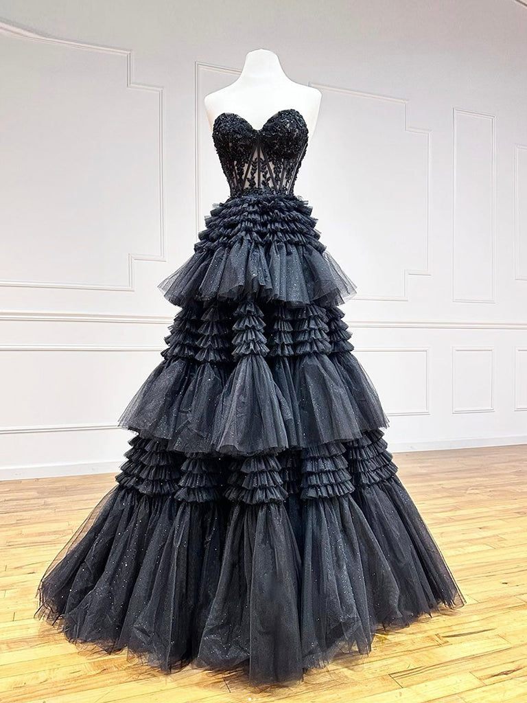 Strapless Black Lace Tulle Long Prom Dress, Black Lace Formal