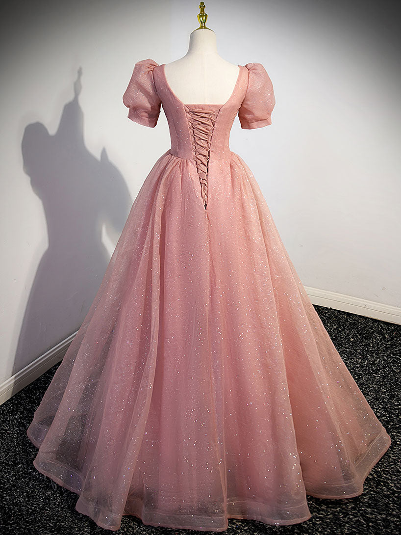 Pink A-Line Tulle Sequin Lace Long Prom Dress