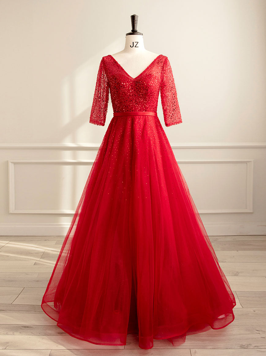 Red A-Line Tulle Sequin Long Prom Dress, Red Formal Dress dresstby Red A-Line Tulle Sequin Long Prom Dress, Red Formal Dress dresstby