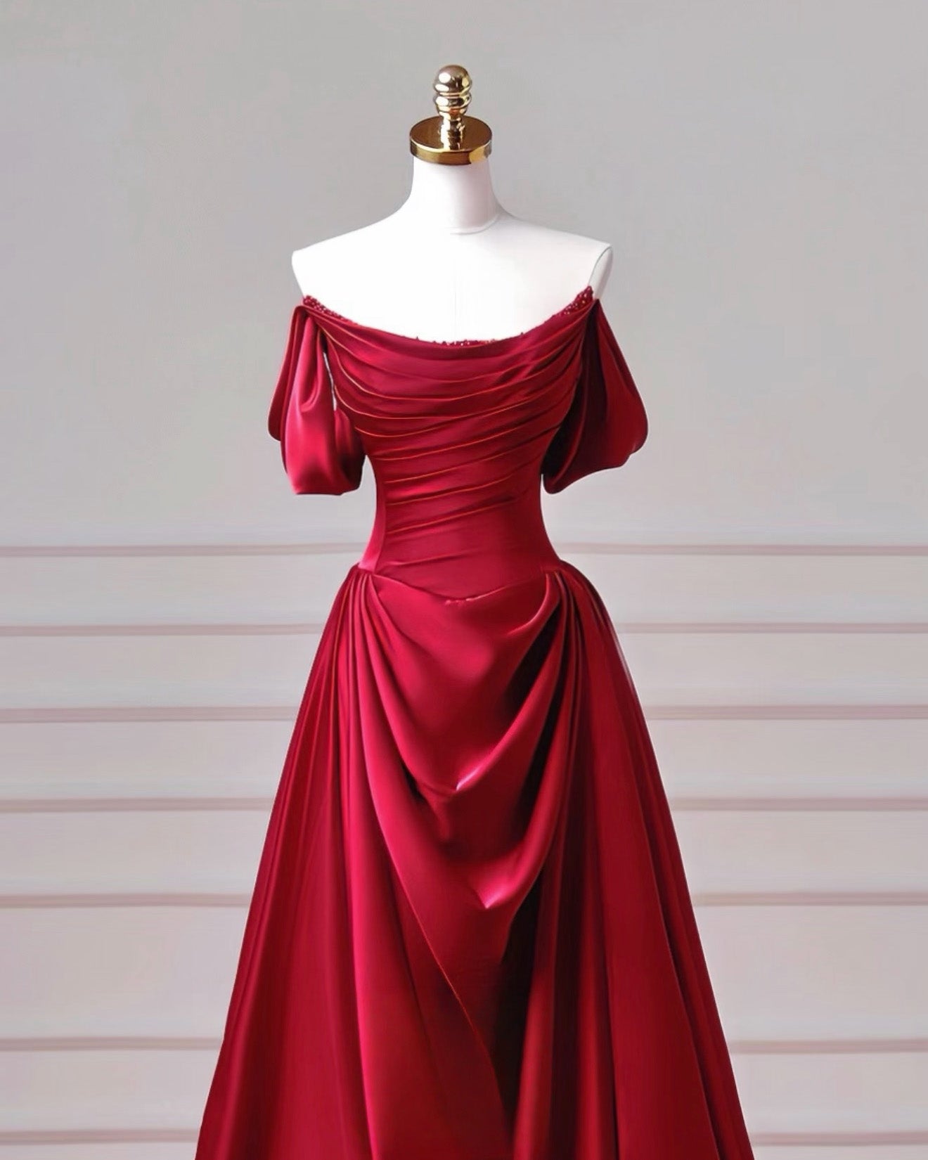 A-Line Spoon Neck off Shoulder Sweep Train Burgundy Long Prom Dress