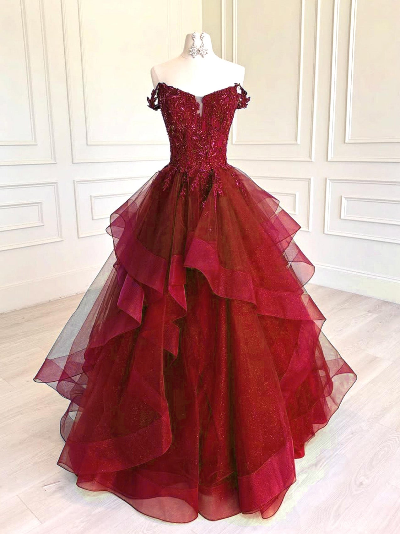 A-Line V Neck Tulle Lace Blue Long Prom Dress, Blue Long Formal Dress