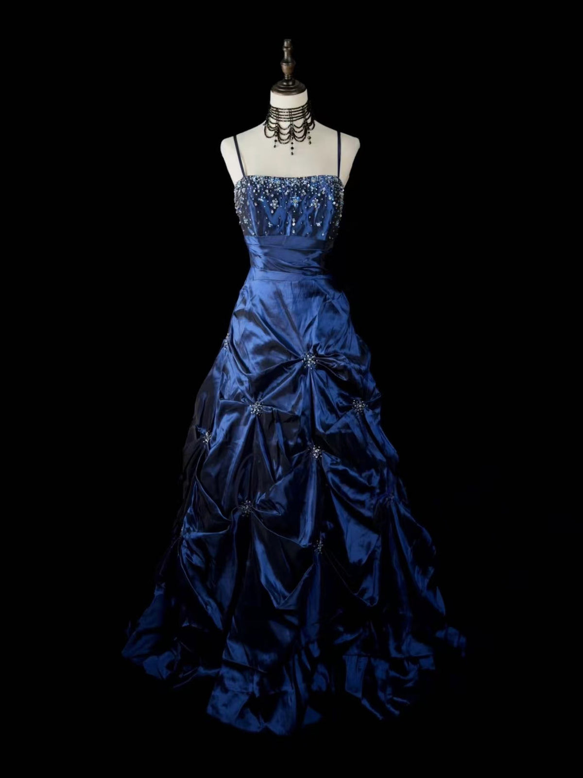 A-line Taffeta Dark Blue Satin Ruched Long Prom Dress with Beaded