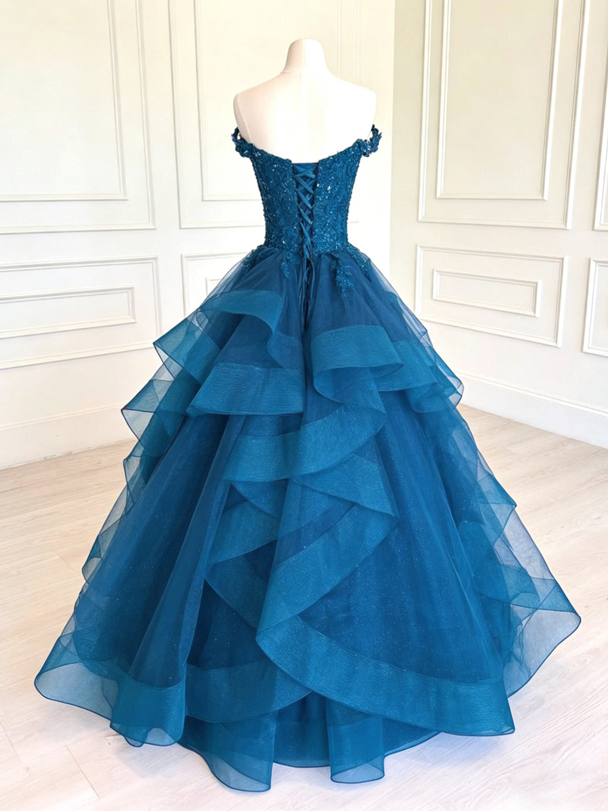 A-Line V Neck Tulle Lace Blue Long Prom Dress, Blue Long Formal Dress