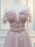 A-Line Off Shoulder Tulle Lace Pink Long Prom Dress, Pink Long Graduation Dress