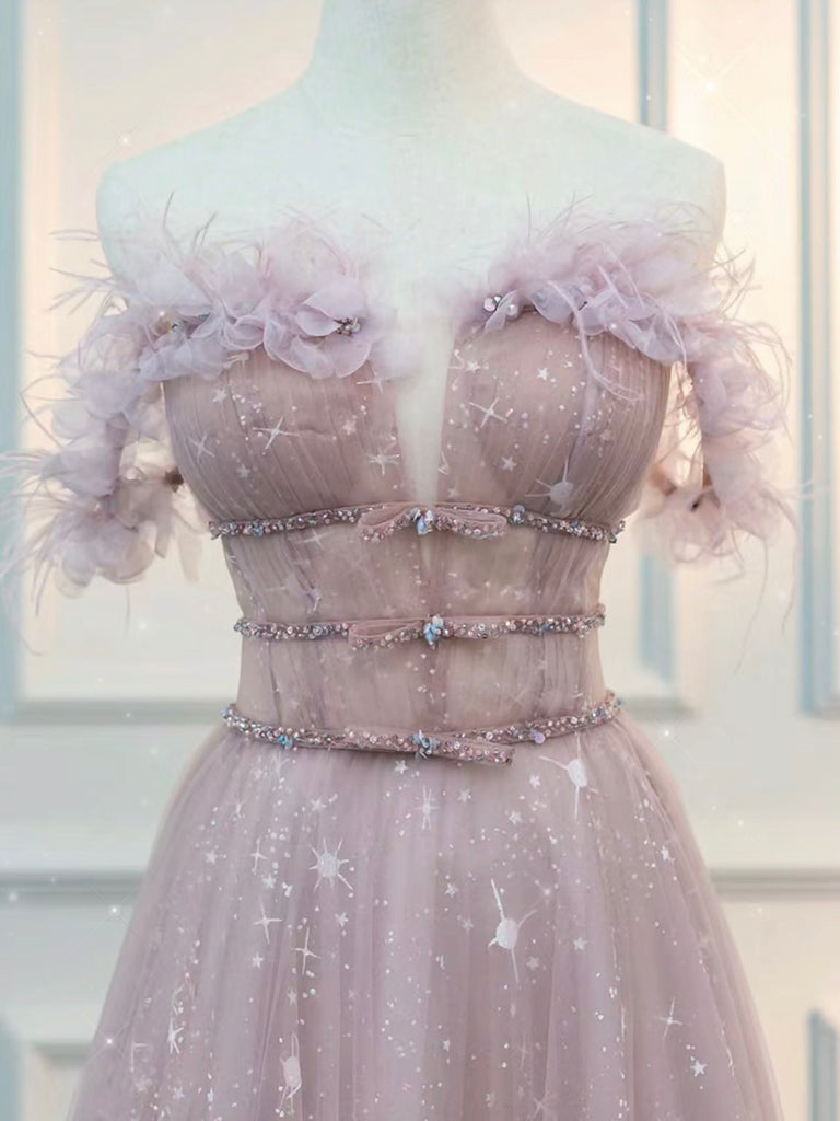 A-Line Off Shoulder Tulle Lace Pink Long Prom Dress, Pink Long Graduation Dress