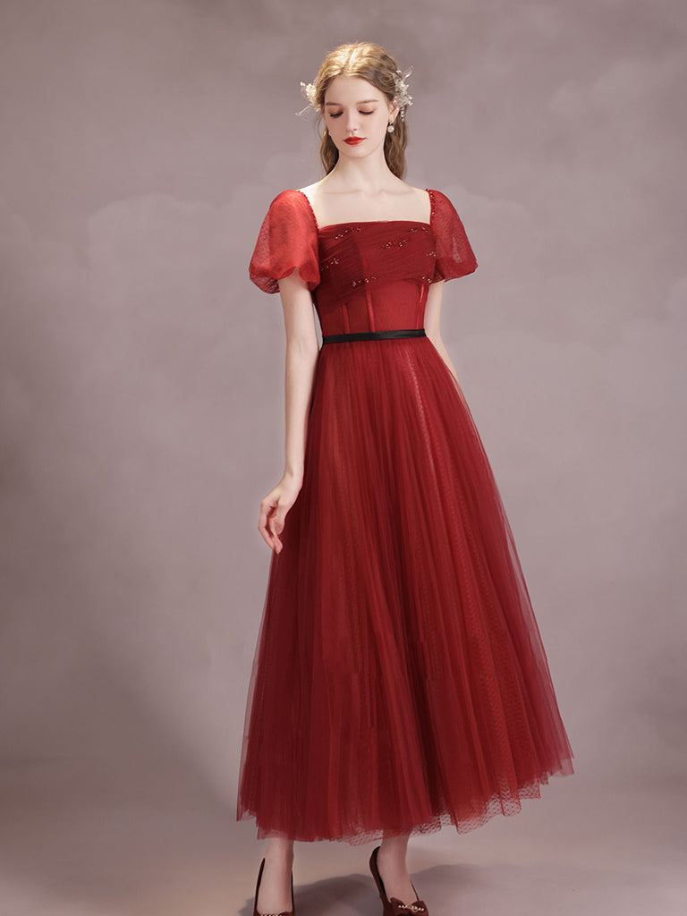 A-Line Burgundy Tulle Tea Length Prom Dress, Burgundy Formal Dress dresstby A-Line Burgundy Tulle Tea Length Prom Dress, Burgundy Formal Dress dresstby