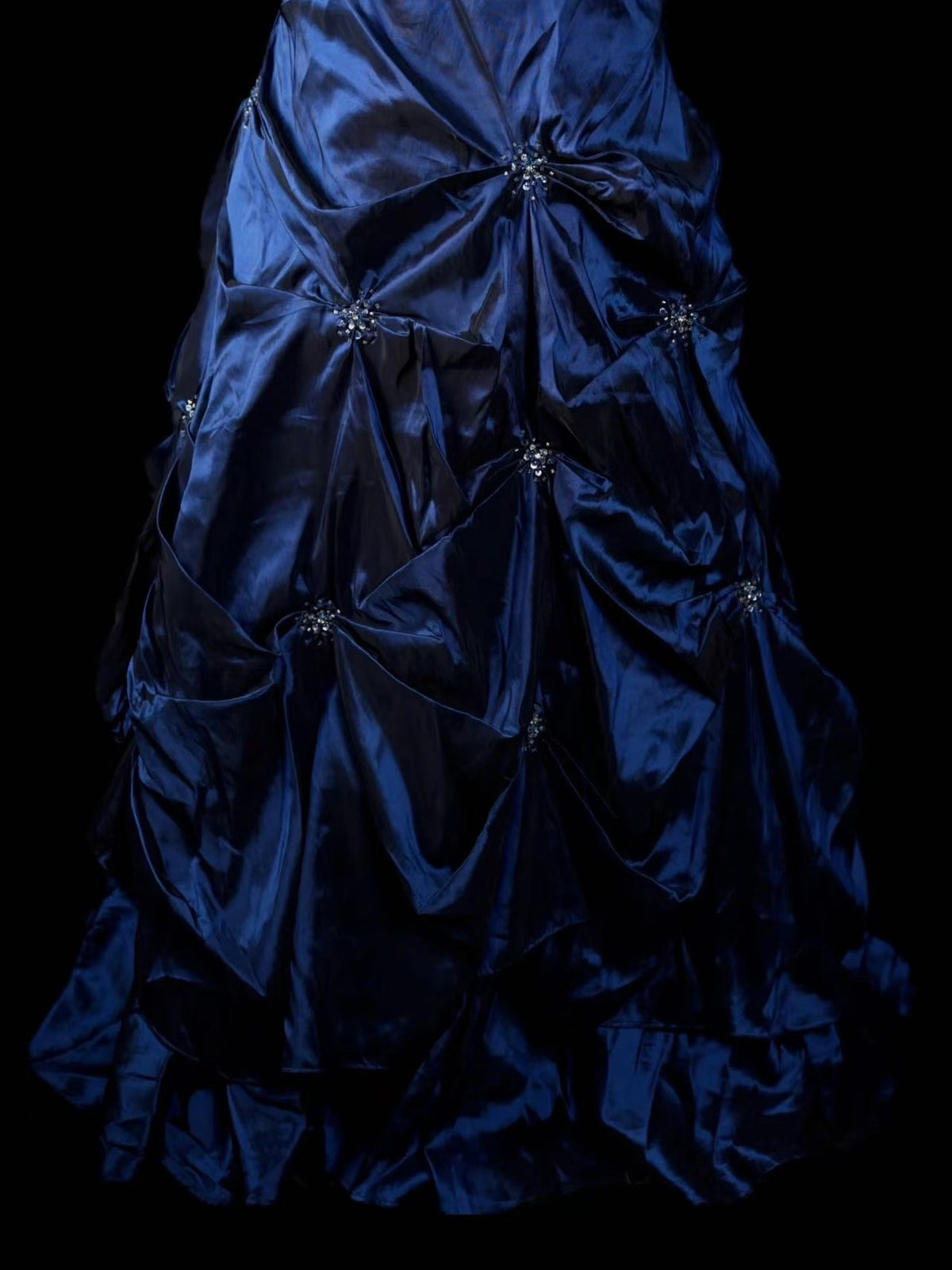 A-line Taffeta Dark Blue Satin Ruched Long Prom Dress with Beaded