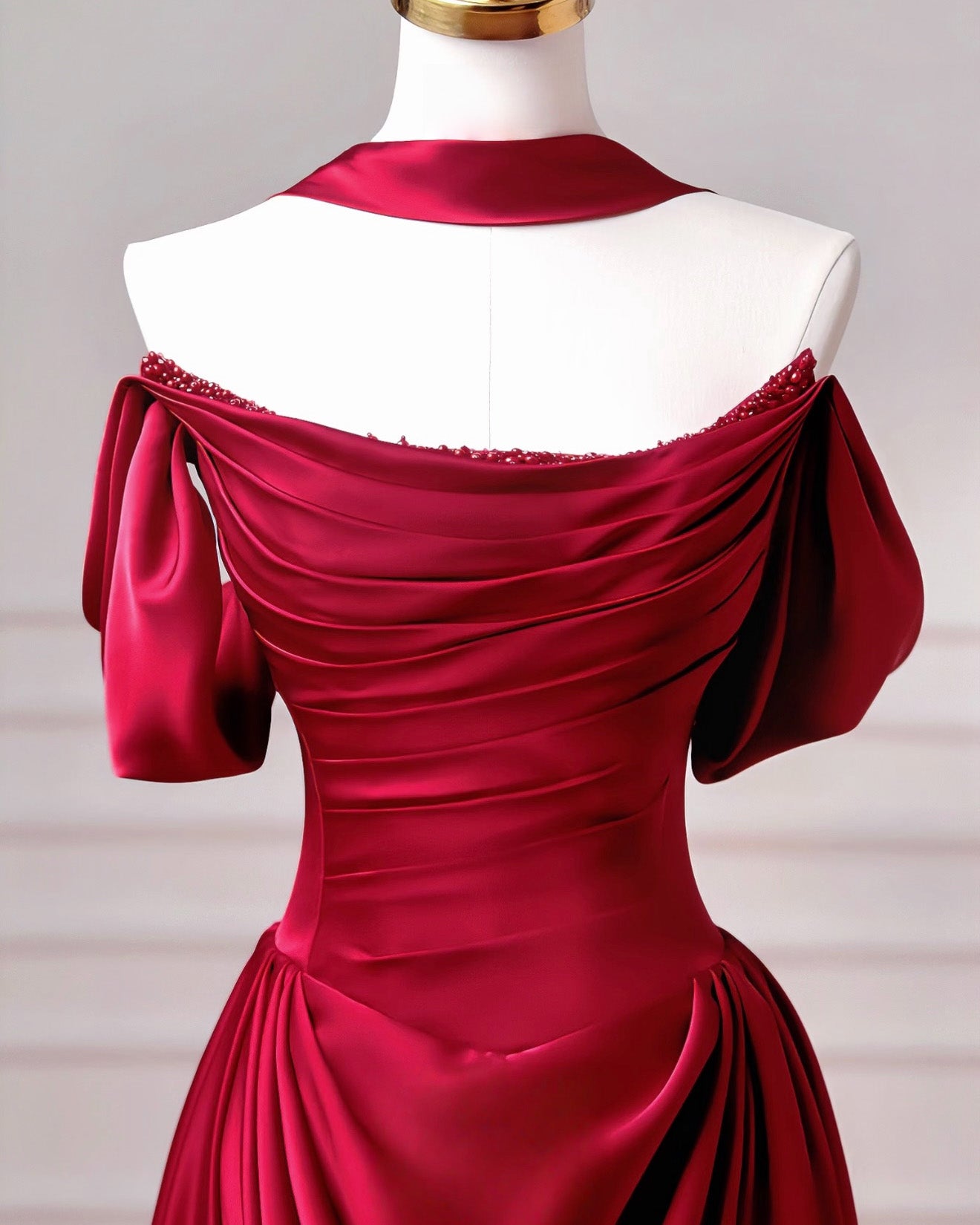 A-Line Spoon Neck off Shoulder Sweep Train Burgundy Long Prom Dress
