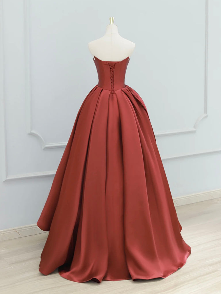 A-Line Satin Burgundy Long Prom Dress, Burgundy Long Formal Dress