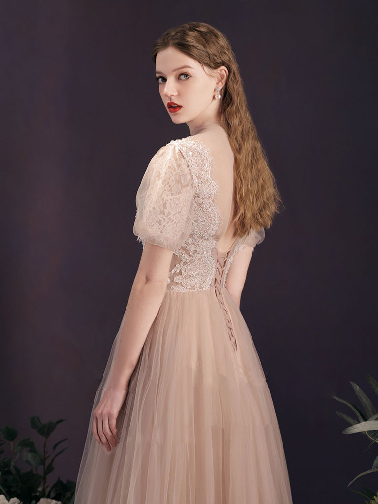 A-Line Tulle Lace Champagne Long Prom Dress, Tulle Lace Long Bridesmaid Dress