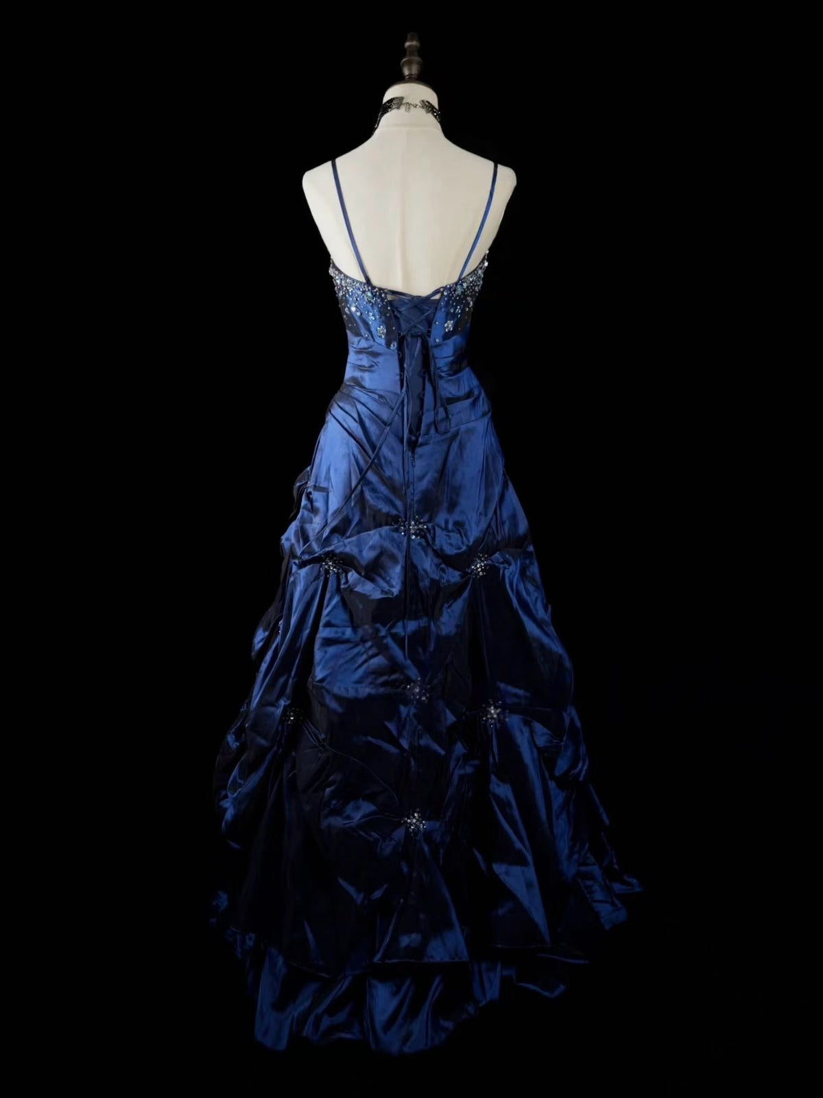 A-line Taffeta Dark Blue Satin Ruched Long Prom Dress with Beaded