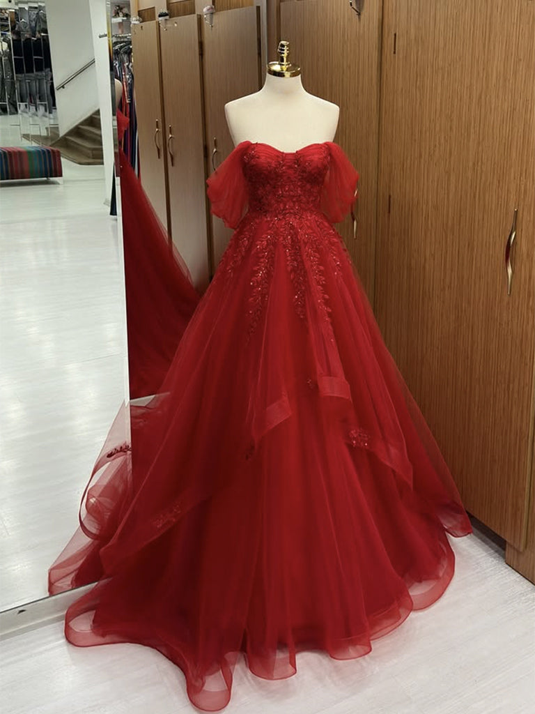 A-Line Sweetheart Neck Off Shoulder Tulle Lace Burgundy Long Prom Dress