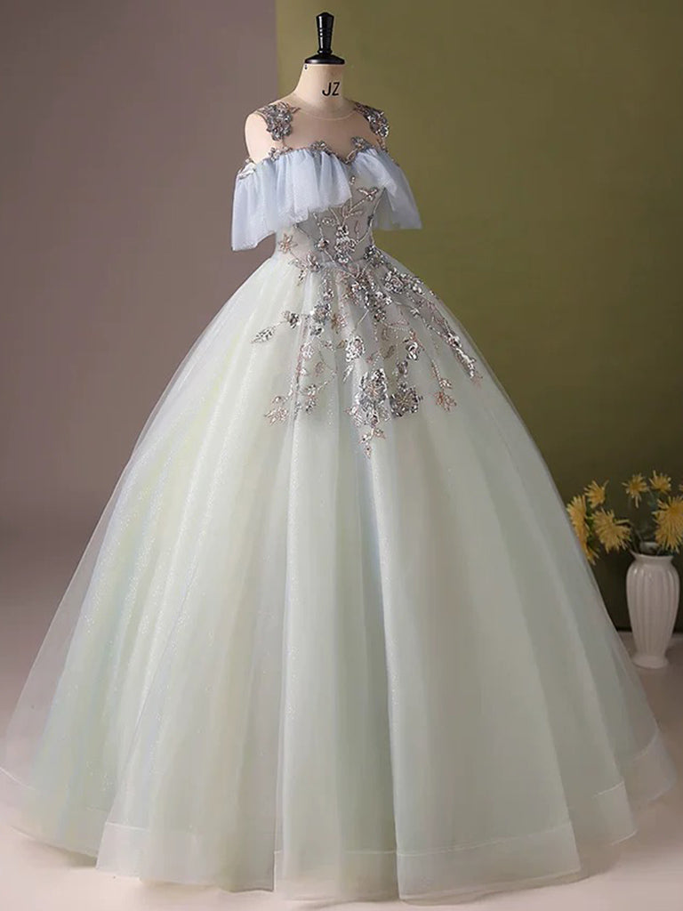 A-Line Tulle Sequin Lace Long Blue Prom Dress, Blue Long Formal Dress