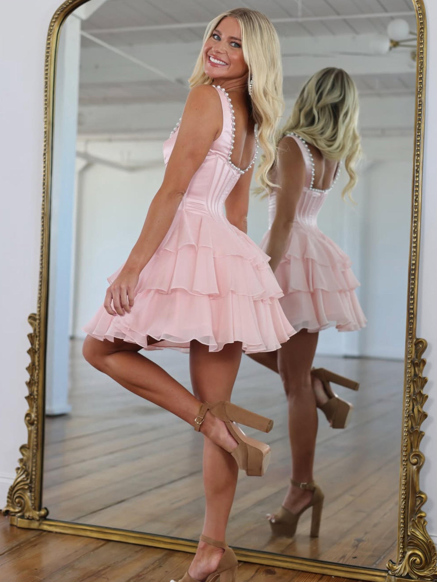 A-line Satin Chiffon Pink Short Homecoming Dress with Beads