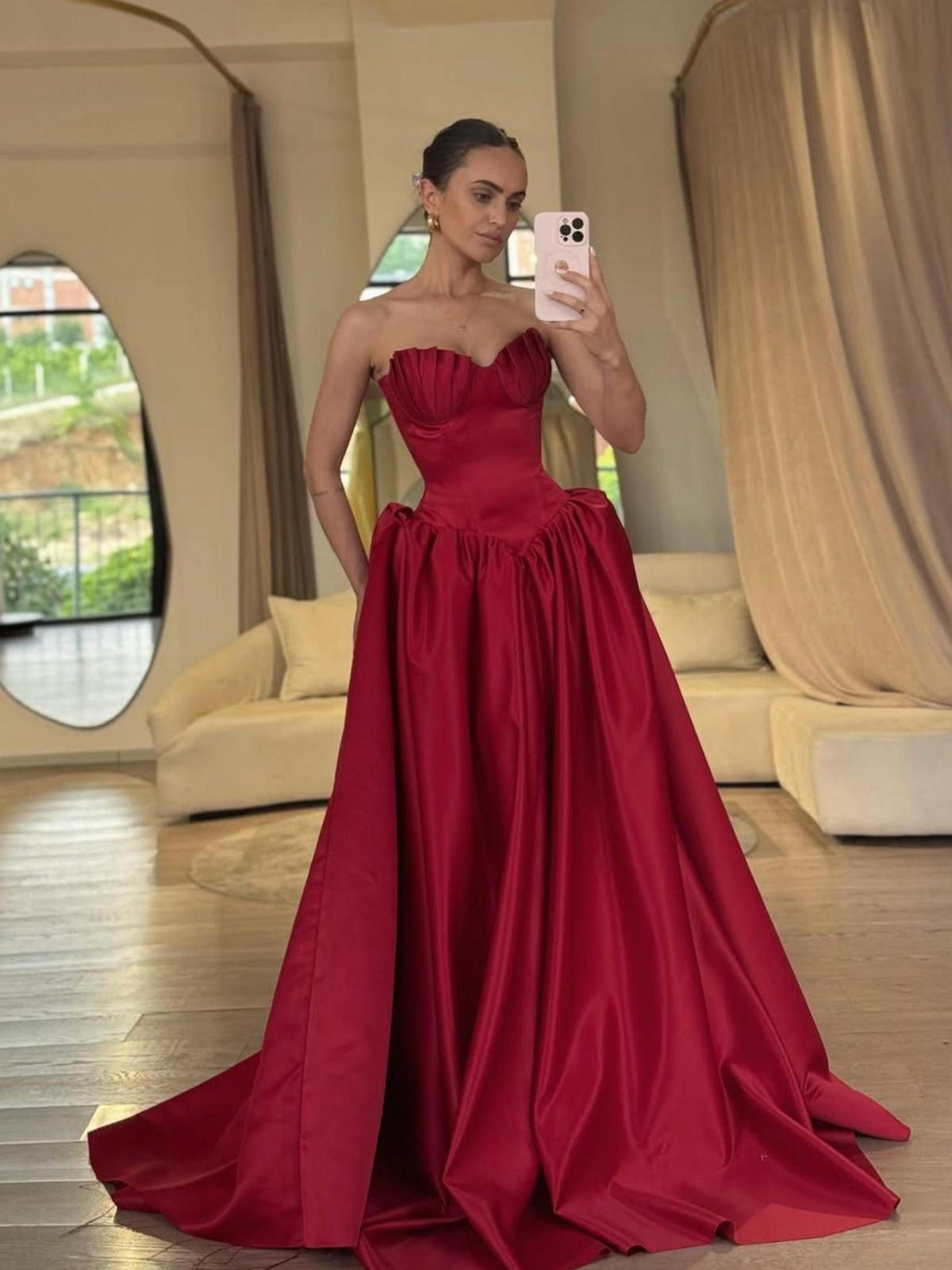 A-line Sweetheart Neck Satin Dark Red Long Prom Dress