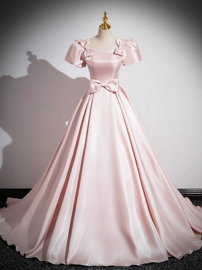 A-Line Satin Pink Long Prom Dress, Pink Long Formal Dress