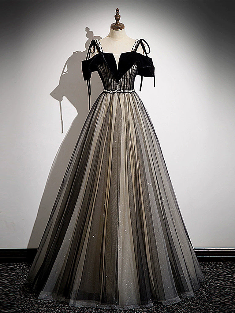 A-Line Off Shoulder Tulle Black Long Prom Dress, Black Long Formal Dress