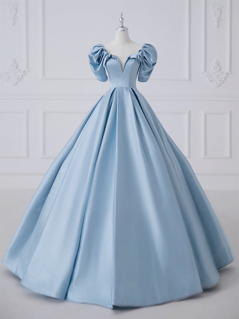 A-Line Satin Blue Long Prom Dress, Blue Satin Long Formal Dress