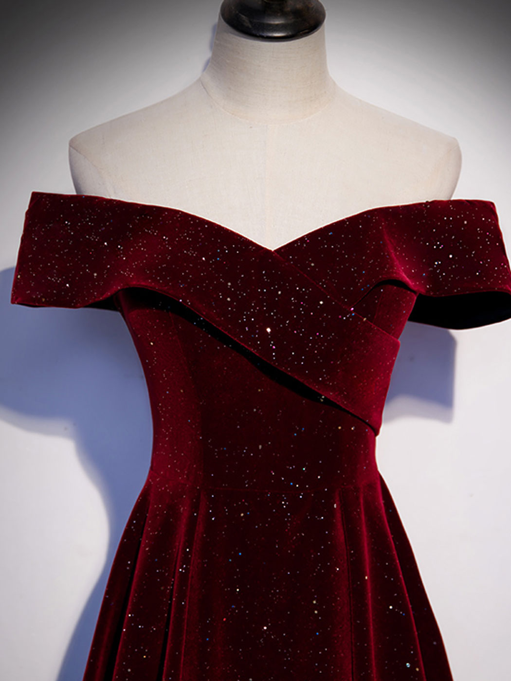 A-Line Off Shoulder V Neck Velvet Burgundy Long Prom Dress, Burgundy Long Formal Dress