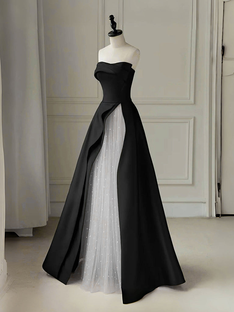 A-Line Tulle Satin Black/White Long Prom Dress. Black Long Formal Dress