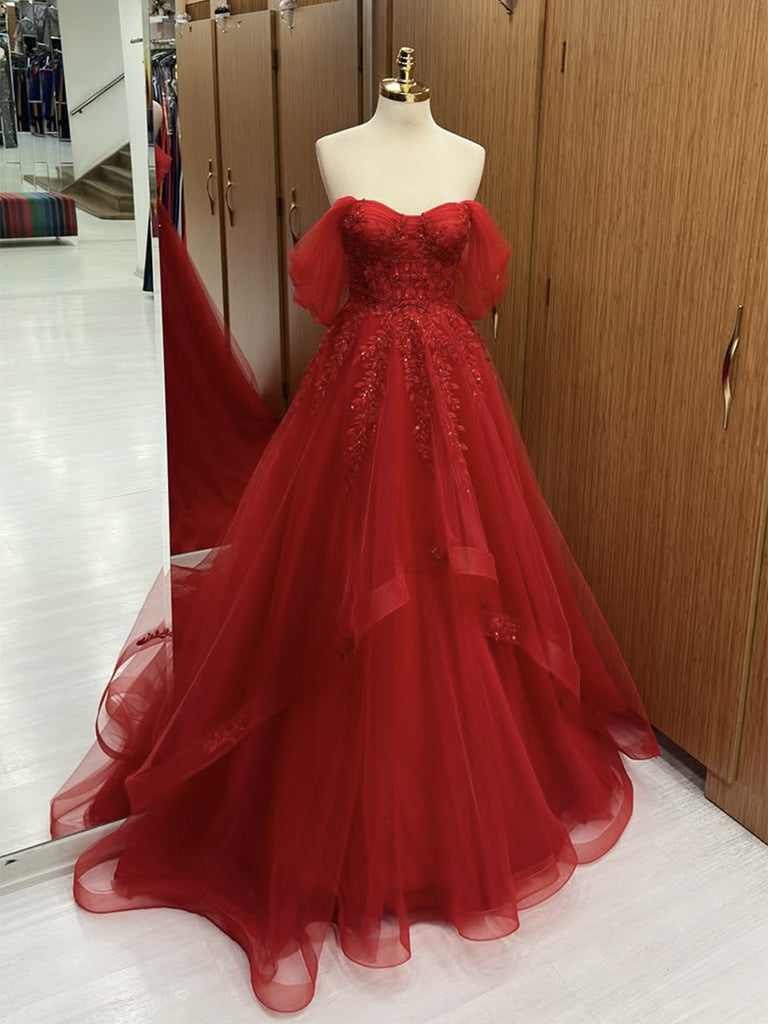 A-Line Sweetheart Neck Off Shoulder Tulle Lace Burgundy Long Prom Dress